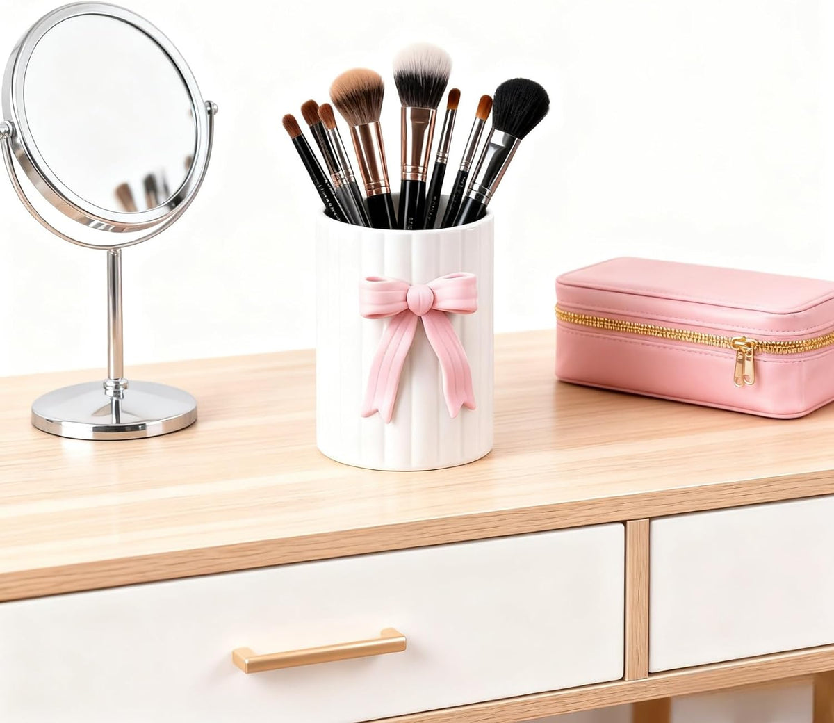 Handmade Pink Bow Ceramic Utensil Holder, 3D Coquette Cooking Utensil Crock with Scalloped Edge, Stable & Easy to Clean Kitchen Storage Caddy Organizer Vase Decor for Countertop Housewarming Gift