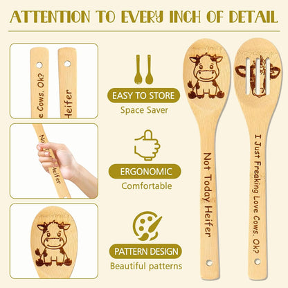 Highland Cow Engraved Cooking Spoons, 5 Pack Organic Kitchen Utensil Set