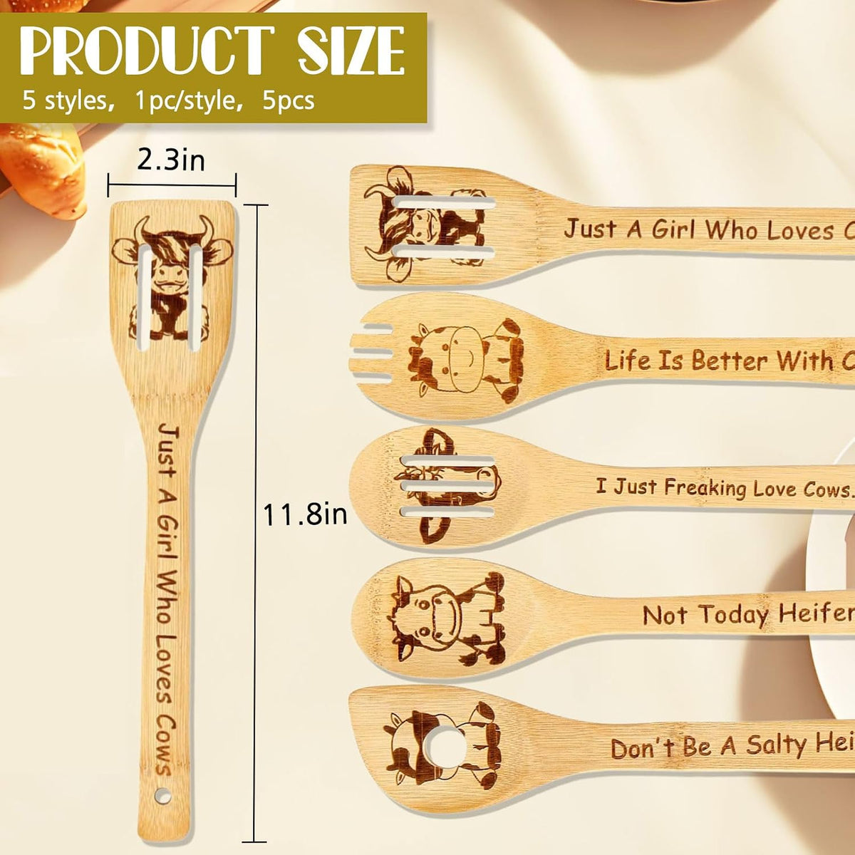 Highland Cow Engraved Cooking Spoons, 5 Pack Organic Kitchen Utensil Set