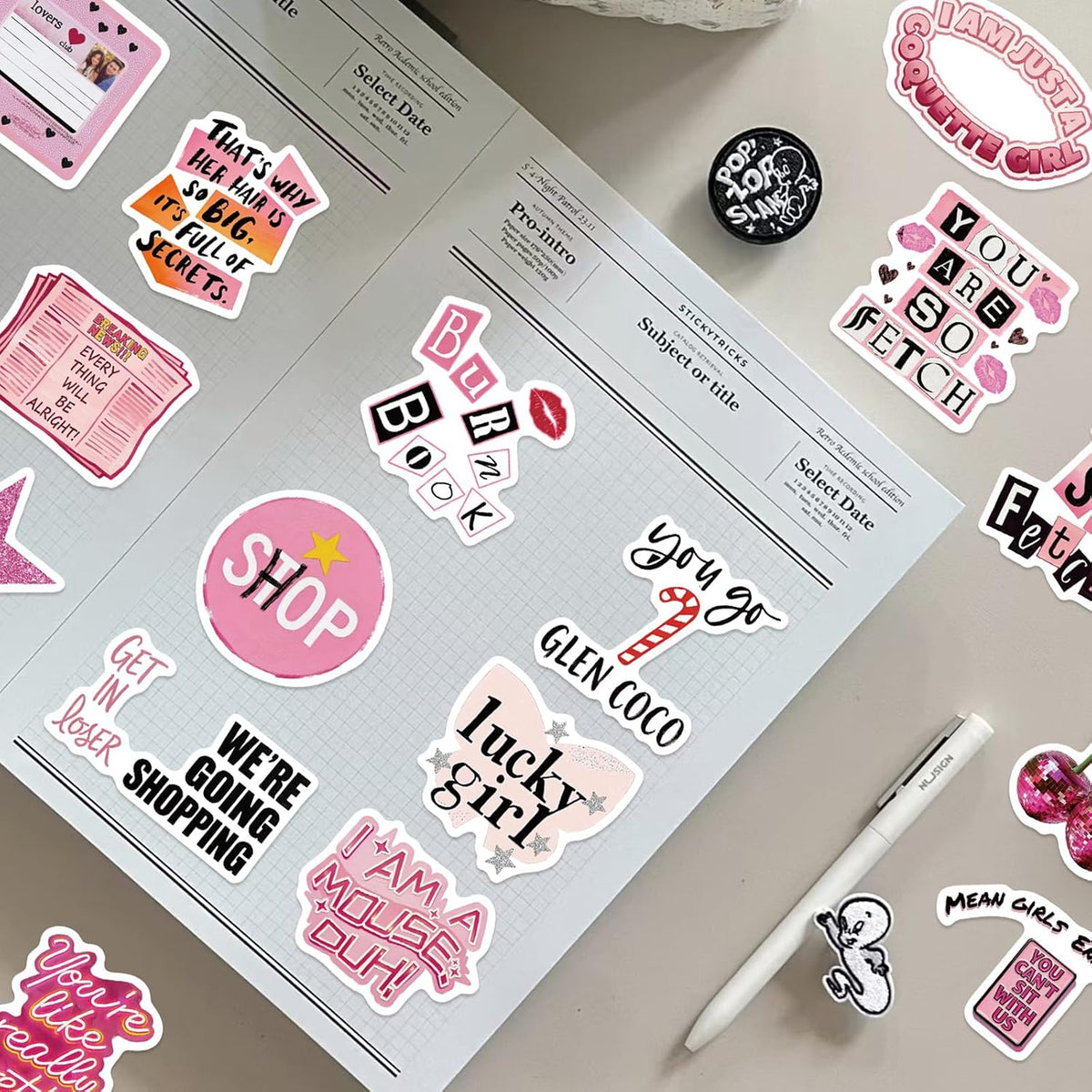 100Pcs Pink Aesthetic Downtown Girls Stickers Pack Waterproof Trendy Y2K Stickers for Teens Adults Vinyl Decals for Laptop Kindle Water Bottle Scrapbook Party Supplies(Pink Downtown)