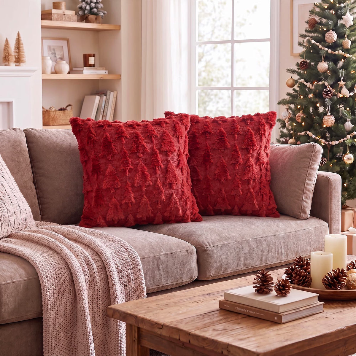 Red Christmas Tree Soft Plush Faux Fur Pillow Covers 18X18 Inch Set of 2 Outdoor Sofa Holiday Festivals Winter Home Decor
