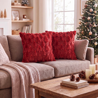 Red Christmas Tree Soft Plush Faux Fur Pillow Covers 18X18 Inch Set of 2 Outdoor Sofa Holiday Festivals Winter Home Decor
