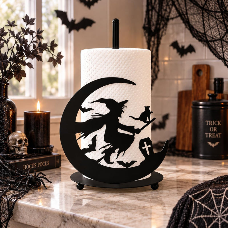 Halloween Paper Towel Holder Black Witch Kitchen Decor Accessories Metal Towel Holder Stand for Home Bathroom Countertop Decor