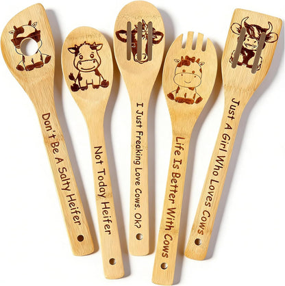 Highland Cow Engraved Cooking Spoons, 5 Pack Organic Kitchen Utensil Set