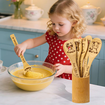 Highland Cow Engraved Cooking Spoons, 5 Pack Organic Kitchen Utensil Set