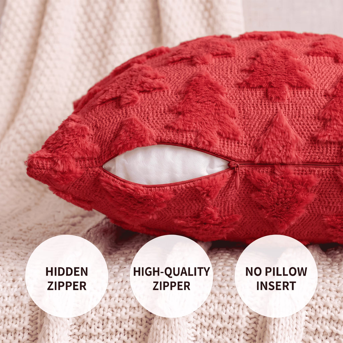 Red Christmas Tree Soft Plush Faux Fur Pillow Covers 18X18 Inch Set of 2 Outdoor Sofa Holiday Festivals Winter Home Decor