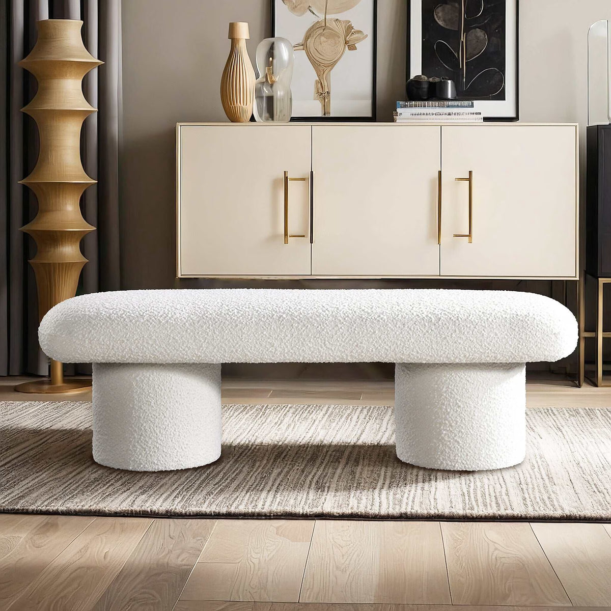 Bedroom Bench, Randolph Ivory Boucle Bench, Bedroom Stool, Wooden Bedroom Bench,