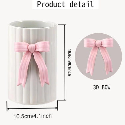 Handmade Pink Bow Ceramic Utensil Holder, 3D Coquette Cooking Utensil Crock with Scalloped Edge, Stable & Easy to Clean Kitchen Storage Caddy Organizer Vase Decor for Countertop Housewarming Gift