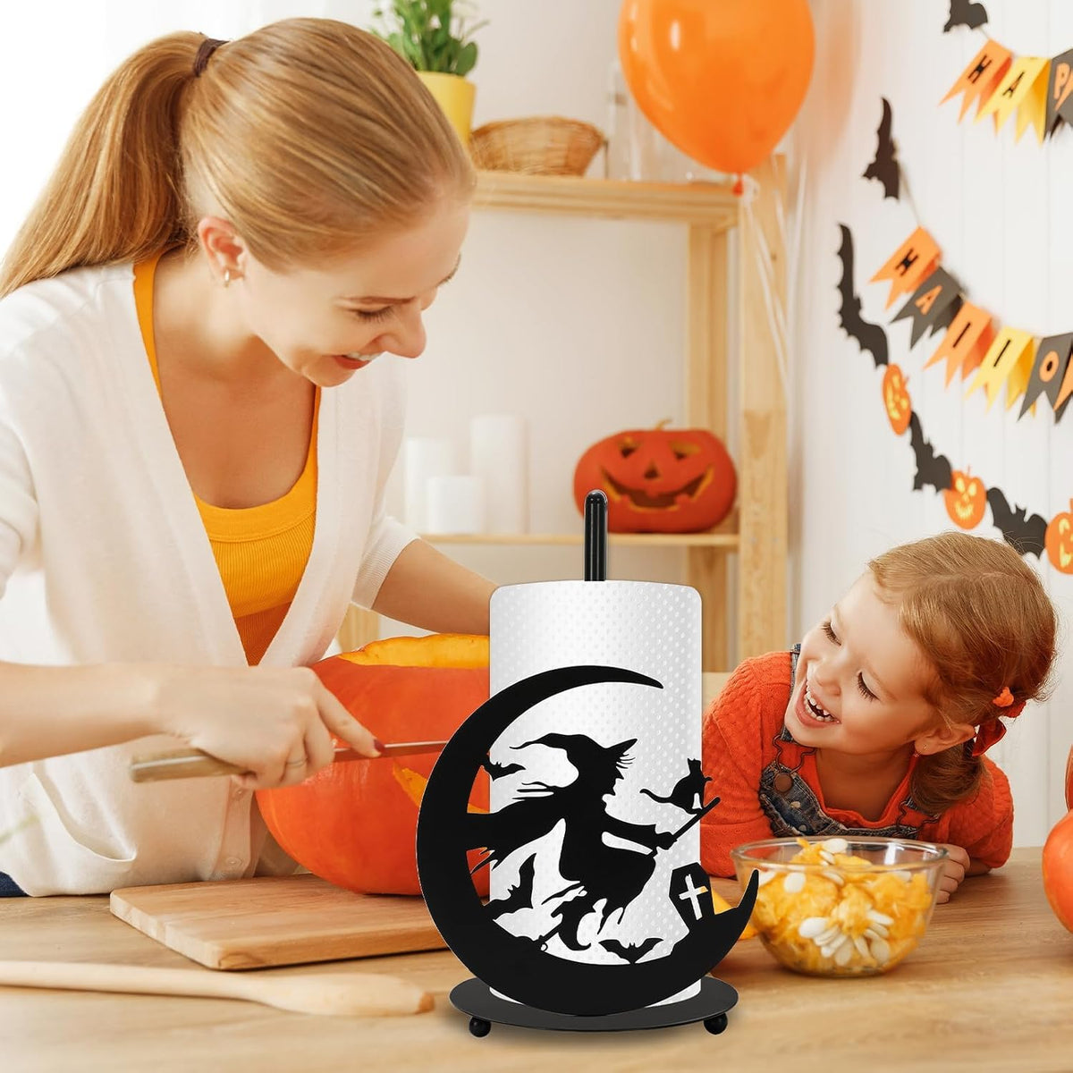 Halloween Paper Towel Holder Black Witch Kitchen Decor Accessories Metal Towel Holder Stand for Home Bathroom Countertop Decor