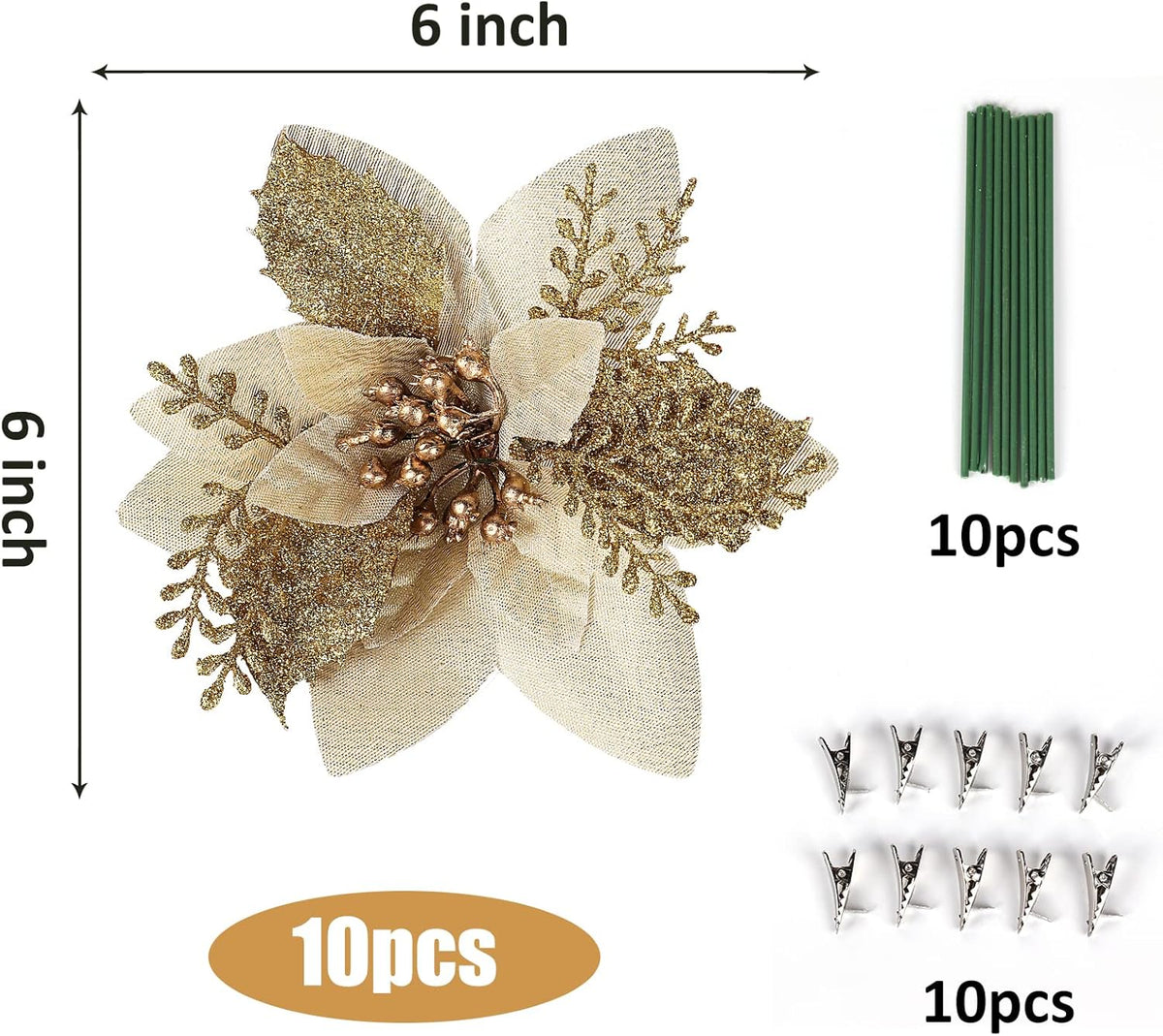 Artificial Poinsettia Christmas Flowers, Gold Artificial Flowers for Decoration, Glitter Fake Flowers Christmas Tree Decorations, Faux Flowers Decor Indoor, Wedding Decorations Flowers, 10 PCS (Gold)
