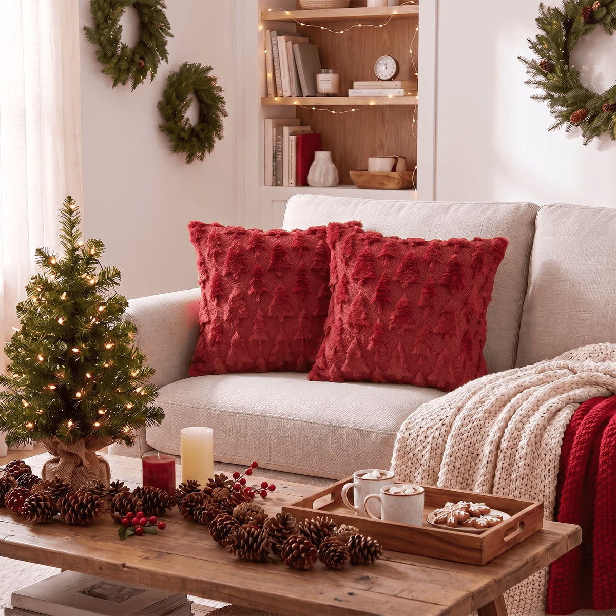 Red Christmas Tree Soft Plush Faux Fur Pillow Covers 18X18 Inch Set of 2 Outdoor Sofa Holiday Festivals Winter Home Decor