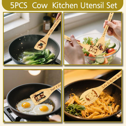 Highland Cow Engraved Cooking Spoons, 5 Pack Organic Kitchen Utensil Set