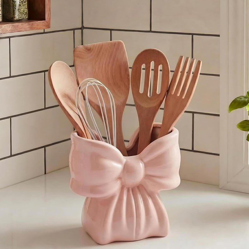 Pink Bow Ceramic Utensil Holder Cute 3D Coquette Utensil Crock 5.9" Modern Kitchen Counter Organizer Decorative Flower Vase for Home Decor Housewarming Gift