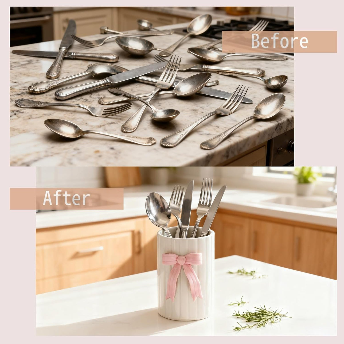 Handmade Pink Bow Ceramic Utensil Holder, 3D Coquette Cooking Utensil Crock with Scalloped Edge, Stable & Easy to Clean Kitchen Storage Caddy Organizer Vase Decor for Countertop Housewarming Gift