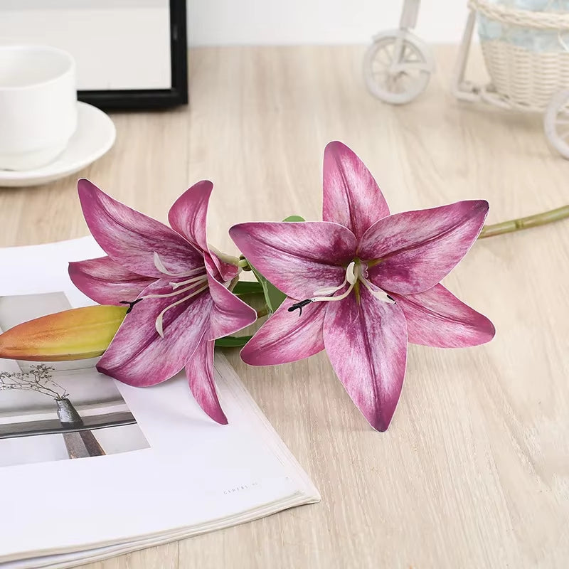 41Cm 3 Head Artificial Lily Flower 3D Fake Flower Wedding Living Room Home Decoration Artificial Flower Home Decore