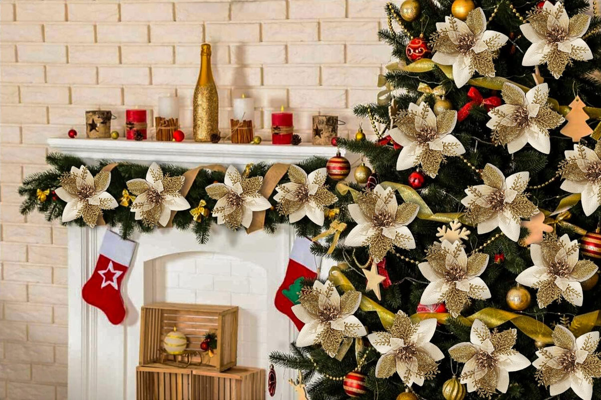 Artificial Poinsettia Christmas Flowers, Gold Artificial Flowers for Decoration, Glitter Fake Flowers Christmas Tree Decorations, Faux Flowers Decor Indoor, Wedding Decorations Flowers, 10 PCS (Gold)