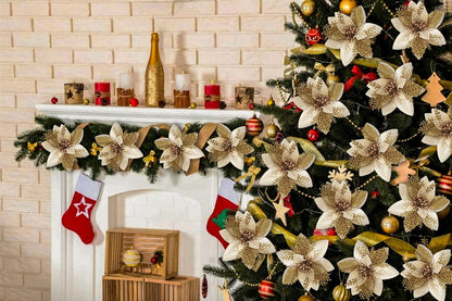 Artificial Poinsettia Christmas Flowers, Gold Artificial Flowers for Decoration, Glitter Fake Flowers Christmas Tree Decorations, Faux Flowers Decor Indoor, Wedding Decorations Flowers, 10 PCS (Gold)