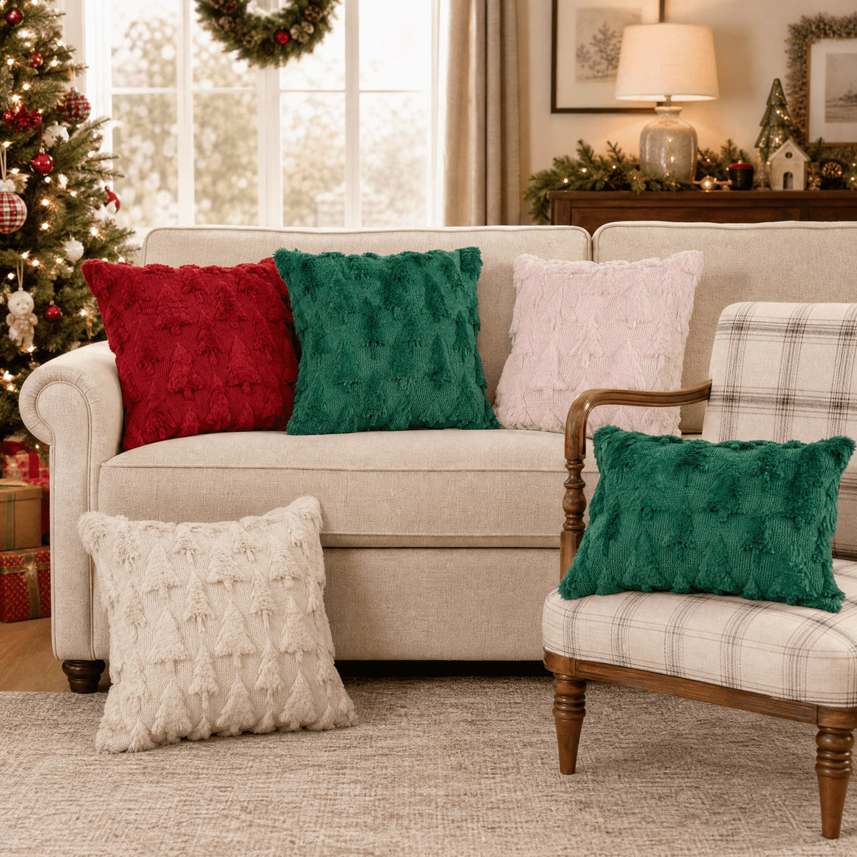 Red Christmas Tree Soft Plush Faux Fur Pillow Covers 18X18 Inch Set of 2 Outdoor Sofa Holiday Festivals Winter Home Decor