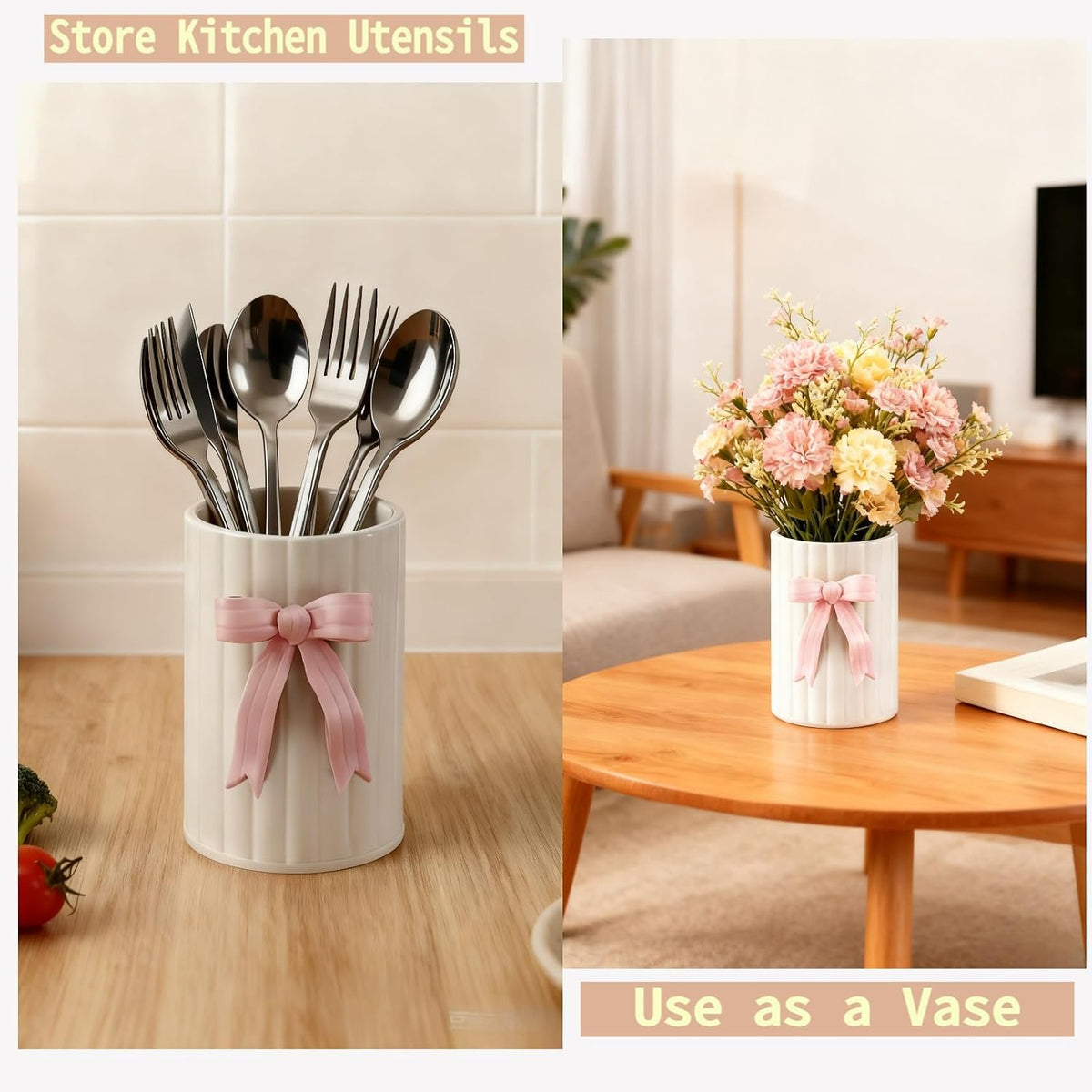 Handmade Pink Bow Ceramic Utensil Holder, 3D Coquette Cooking Utensil Crock with Scalloped Edge, Stable & Easy to Clean Kitchen Storage Caddy Organizer Vase Decor for Countertop Housewarming Gift