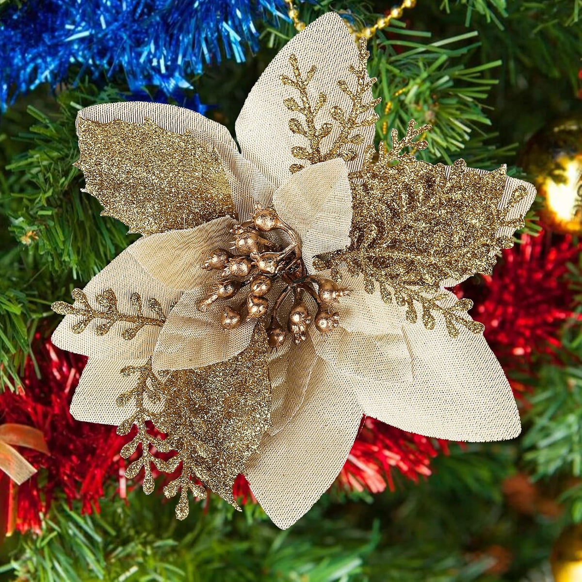 Artificial Poinsettia Christmas Flowers, Gold Artificial Flowers for Decoration, Glitter Fake Flowers Christmas Tree Decorations, Faux Flowers Decor Indoor, Wedding Decorations Flowers, 10 PCS (Gold)