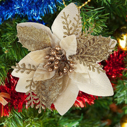 Artificial Poinsettia Christmas Flowers, Gold Artificial Flowers for Decoration, Glitter Fake Flowers Christmas Tree Decorations, Faux Flowers Decor Indoor, Wedding Decorations Flowers, 10 PCS (Gold)