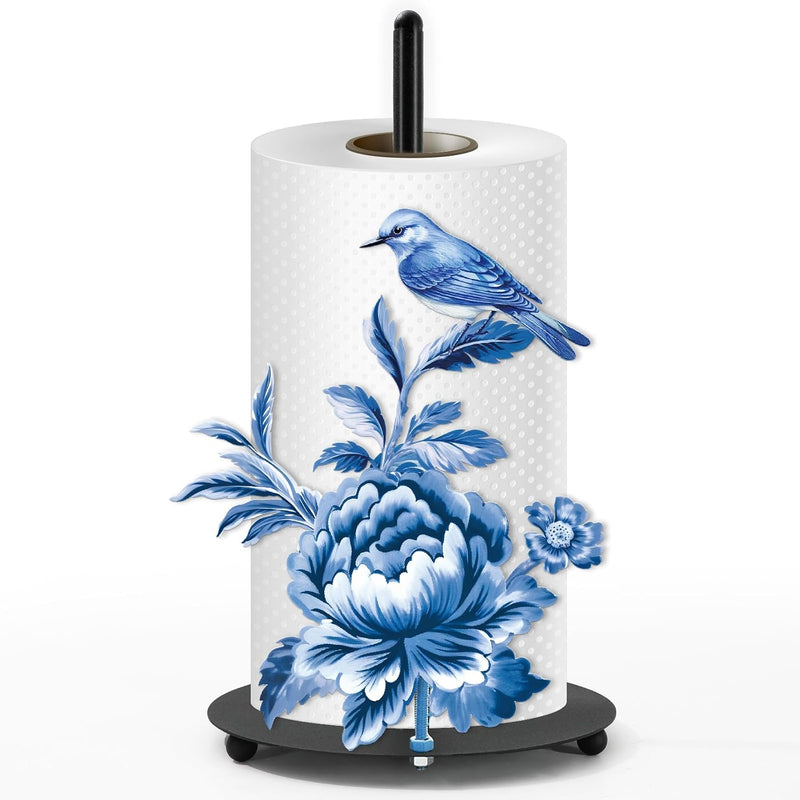 Chinoiserie Freestanding Paper Towel Holder Vintage Blue Floral Bird Large Metal Towel Holder Stand for Farmhouse Home Party Bathroom Countertop Kitchen Decor Accessories