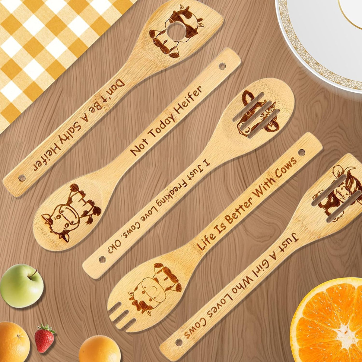 Highland Cow Engraved Cooking Spoons, 5 Pack Organic Kitchen Utensil Set