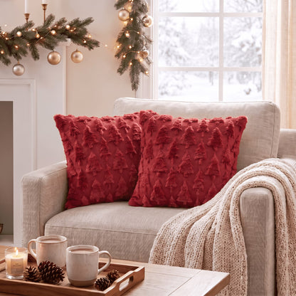 Red Christmas Tree Soft Plush Faux Fur Pillow Covers 18X18 Inch Set of 2 Outdoor Sofa Holiday Festivals Winter Home Decor