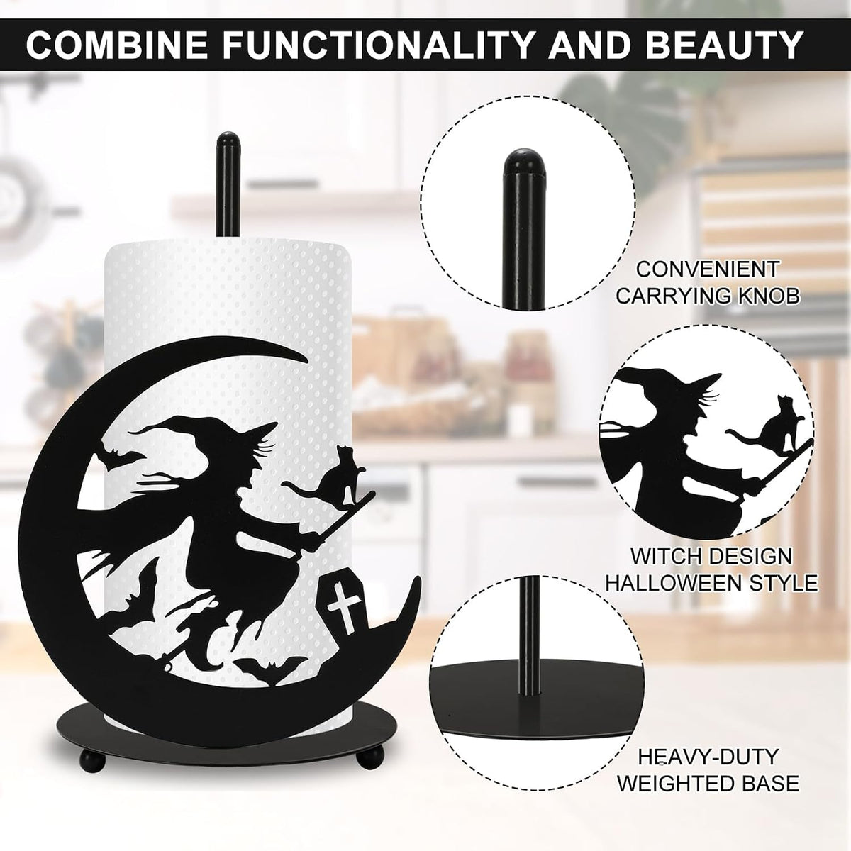 Halloween Paper Towel Holder Black Witch Kitchen Decor Accessories Metal Towel Holder Stand for Home Bathroom Countertop Decor