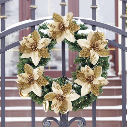 Artificial Poinsettia Christmas Flowers, Gold Artificial Flowers for Decoration, Glitter Fake Flowers Christmas Tree Decorations, Faux Flowers Decor Indoor, Wedding Decorations Flowers, 10 PCS (Gold)